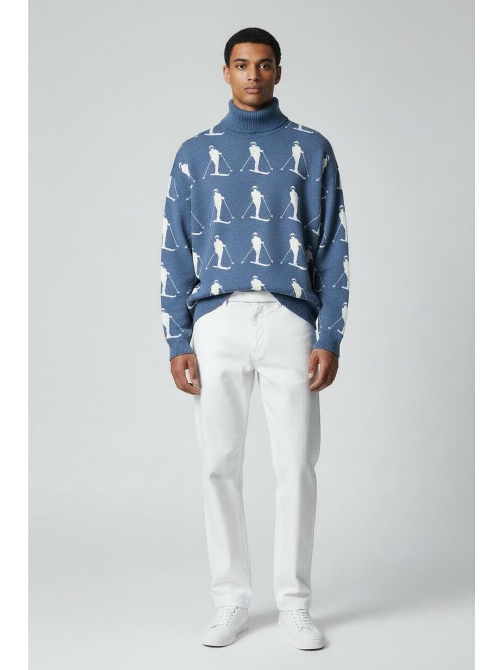 Alp N Rock Dani Vintage Silver Blue Turtleneck,  Retro Apres-Ski Pattern, M